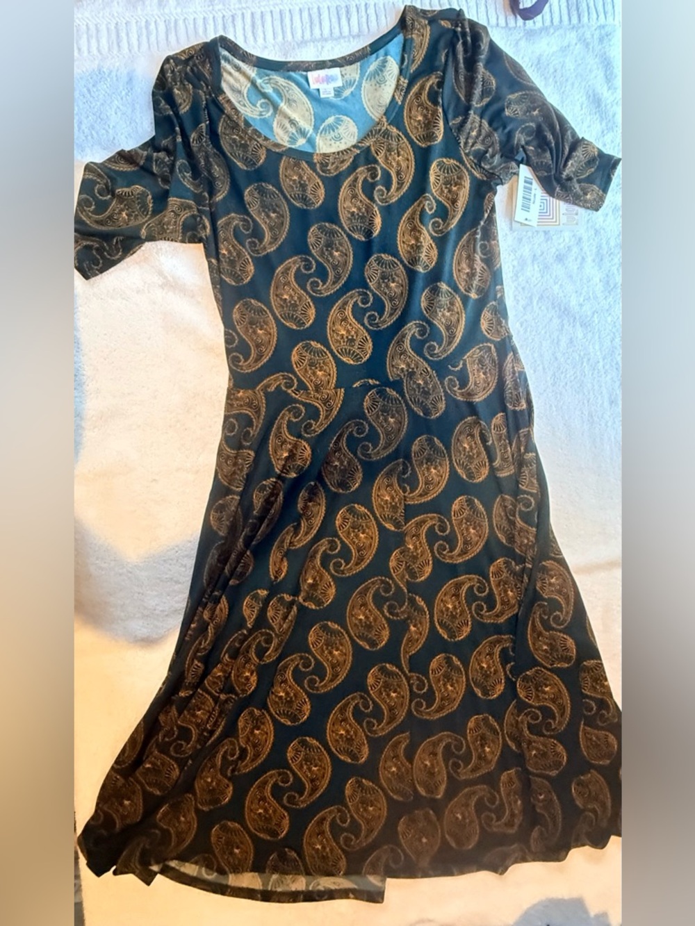 LuLaRoe Dark Teal/Green Dress with Gold Paisley Motif